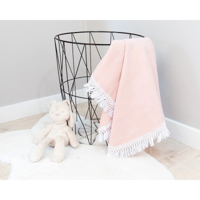 Baby Nellys Luxusná mušelínová deka BOHO s třásněmi, 70 x 100 cm, růžová