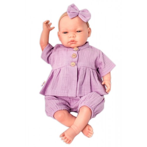 Baby Nellys 3-dielna mušelínová súpravička, tunika/blúzka, kraťasky, čelenka, lila