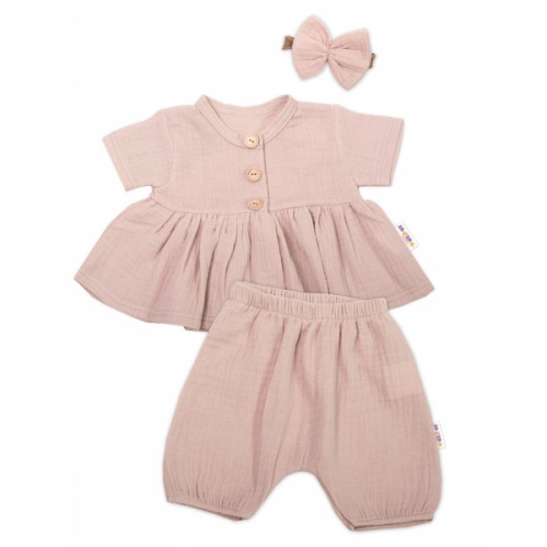 Baby Nellys 3-dielna mušelínová súpravička, tunika/blúzka, kraťasky, čelenka, béžová