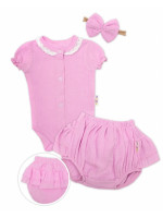 Baby Nellys 3-dielna mušelínová súpravička, body, kraťasky + čelenka GIRL, ružová, veľ. 68