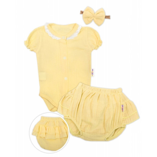 Baby Nellys 3-dielna mušelínová súpravička, body, kraťasky+čelenka GIRL, žltá, veľ. 68