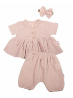 Baby Nellys 3-dielna mušelínová súpr., tunika/blúzka, kraťasky, čelenka, béžová, veľ. 80