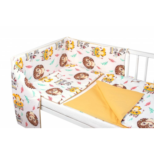 Baby Nellys 3-dielna sada Mantinel s obliečkami-Ježko a Liška, biela s potlačou/horčicová