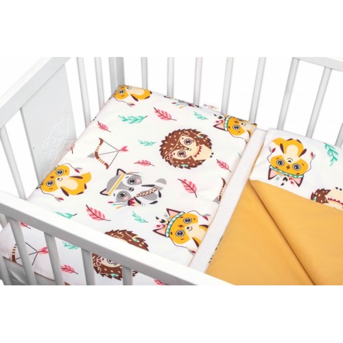 Baby Nellys 3-dielna sada Mantinel s povl. Ježko,Líška, biela s potlač./horčicová, 135x100