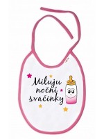 Baby Nellys Nepremokavý podbradník Miluju noční svačinky, 24 x 27 cm-biely s ružovým lemom