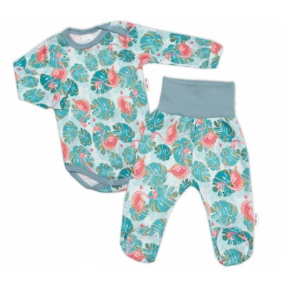 Baby Nellys 2-dielna sada body  + polodupačky Plameniak - tyrkys, veľ. 68