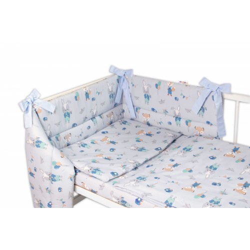 BABY NELLYS 3-dielna sada mantinel s obliečkami, Líška a zajac, modré, 135x100 cm