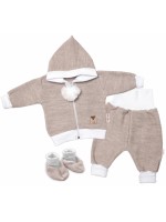 Baby Nellys 3-dielna súprava Hand made, pletený kabátik, kalhoty a topánky, béžová, veľ.62