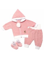 Baby Nellys 3-dielna súprava Hand made, pletený kabátik, kalhoty a topánky, ružová,veľ. 68