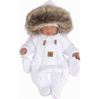 Z&Z Zimná kombinéza s dvojitým zipsom, kapucňou a kožušinou + rukavičky, Angel - biela, 86