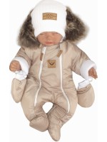 Z&Z Zimná kombinéza s dvojitým zipsom, kapucňou a kožušinou + rukavičky, Angel - béžový,80