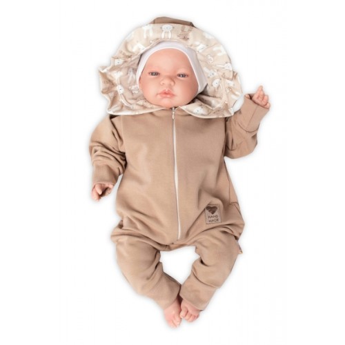 Baby Nellys Teplákový overal s kapucňou a volánikom, New Bunny - cappuccino, veľ. 68