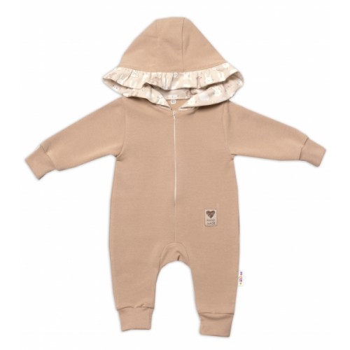 Baby Nellys Teplákový overal s kapucňou a volánikom, New Bunny - cappuccino, veľ. 80
