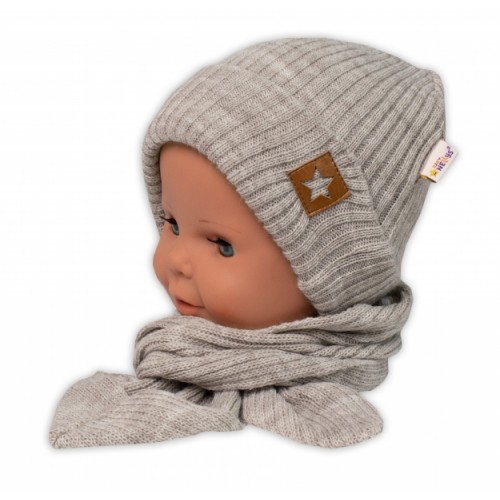 Baby Nellys Pletená čiapka so šálom a rukavičky 3v1, STAR - béžová, veľ. 56/62