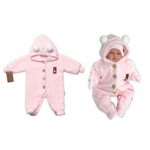 Baby Nellys Pletená kombinéza/overal LUX STAR s kožúškom, dvojvrstvová,sv. růžová, veľ. 74