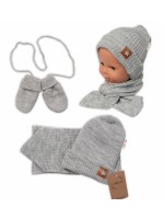 Baby Nellys Pletená čiapka so šálom a rukavičky 3v1, STAR - šedá