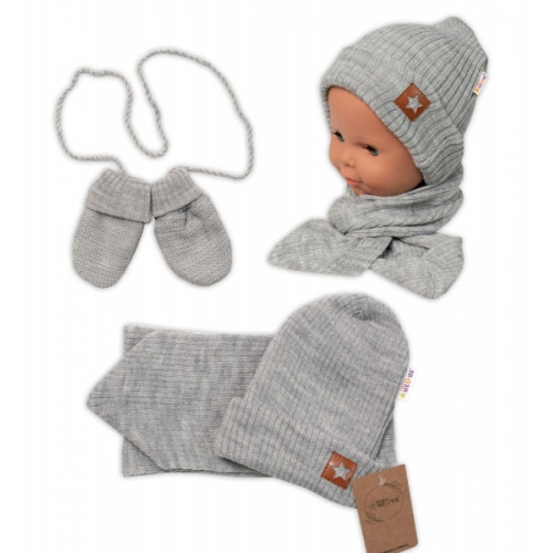 Baby Nellys Pletená čiapka so šálom a rukavičky 3v1, STAR - šedá, 68/74