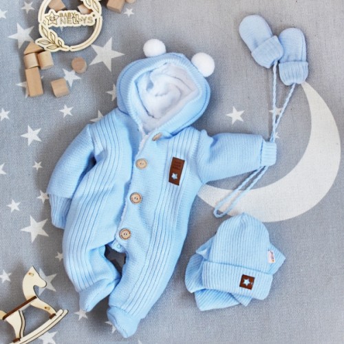 Baby Nellys Pletená kombinéza/overal LUX STAR s kožúškom, dvojvrstvová, sv. modrá