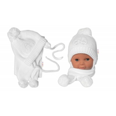 Zimná čiapočka s šálom - Autíčko, biela, 0-6m, Baby Nellys
