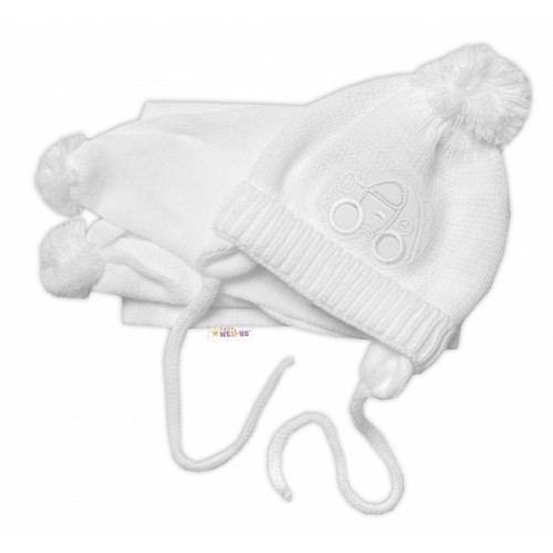 Zimná čiapočka s šálom - Autíčko, biela, 0-6m, Baby Nellys