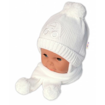 Zimná čiapočka s šálom - Autíčko, biela, 0-6m, Baby Nellys