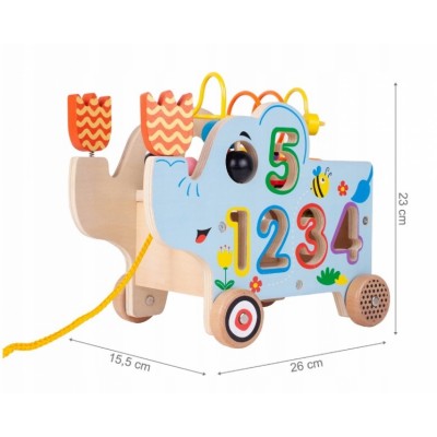Tulimi Edukačný drevený slon s kolieskami, labyrintom a číslami