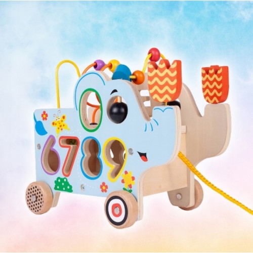 Tulimi Edukačný drevený slon s kolieskami, labyrintom a číslami
