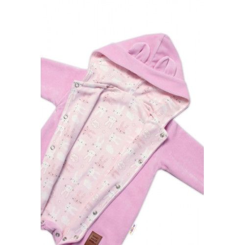 Baby Nellys Dvojvrstvový velúrový overal s kapucňou New Bunny, ružový, veľ. 68