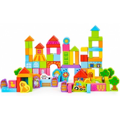 Drevené kocky vo vedierku ECO TOYS 100 ks - pastelové farby, Farma