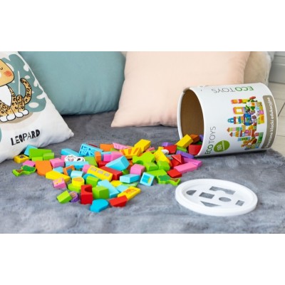 Drevené kocky vo vedierku ECO TOYS 100 ks - pastelové farby, Farma