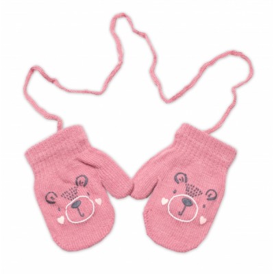 YO! Zimné dievčenské rukavičky so šnúrkou Medvídek - ružové, veľ. 98/104