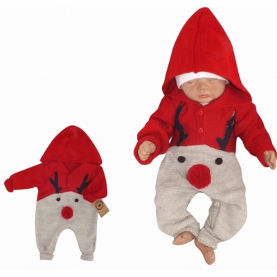Z&Z Detský pletený Vianočný overálek s kapucňou a gombíkmi Baby Sob, červený, veľ. 74