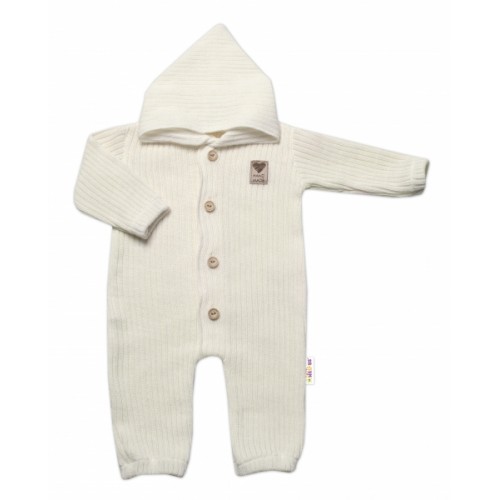 Baby Nellys Pletený overálok s kapucňou a gombíkmi Hand Made, ecru, veľ. 80/86