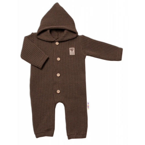 Baby Nellys Pletený overálok s kapucňou a gombíkmi Hand Made, hnedý, veľ. 68/74