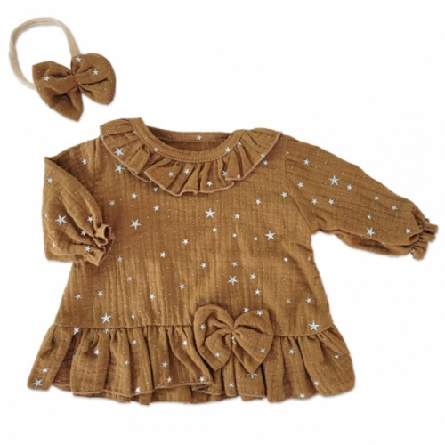 Mušelínové šatôčky s hviezdičkami + čelenka Z&Z, škoricová