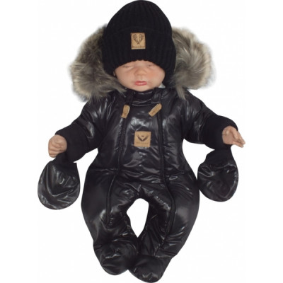 Zimná kombinéza s dvojitým zipsom, kapucňou a kožušinou+rukavičky, Z&Z Angel,čierny,veľ.68