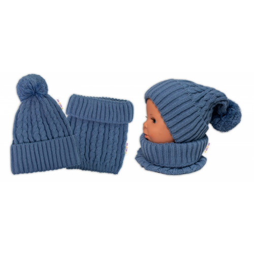 Pletená zimná čiapka s brmbolcom + komínček BABY NELLYS - modrá, jeans,veľ. 48-52cm