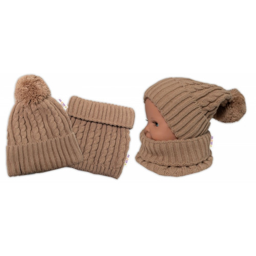 Pletená zimná čiapka s brmbolcom + komínček BABY NELLYS - bežová,veľ. 48-52cm
