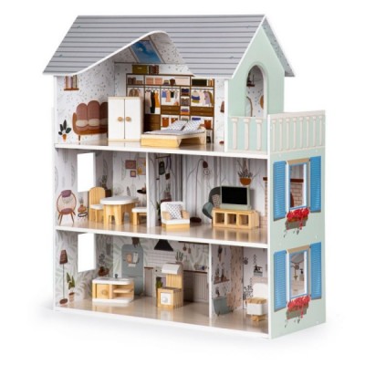 Drevený domček pre bábiky Eco Toys Rezidencia Emma s vybavením, biely