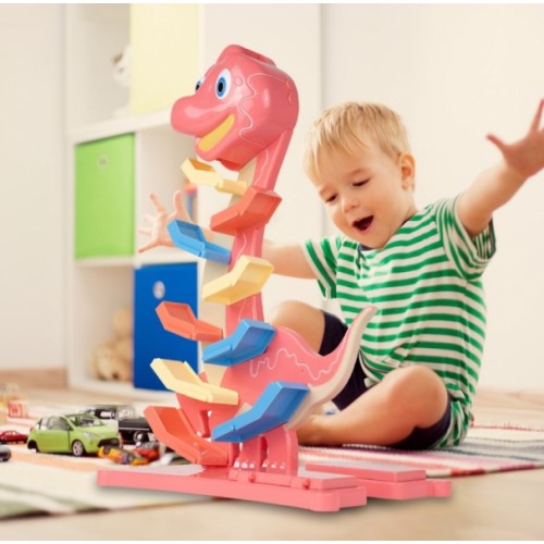 Veselá hrajúca autodráha/šmykľavka Dino Tulimi + 6 autíčok, oranžová