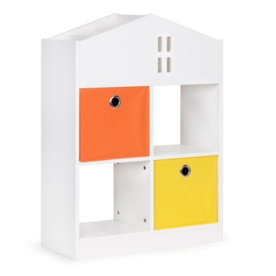 Drevená knižnica/skriňa na hračky Eco Toys Domček - biela/oranžová/žltá