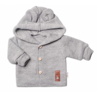 Elegantný pletený svetrík s gombíkmi a kapucňou s uškami Baby Nellys, sivý, veľ. 62