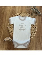 Dojčenské body, kr. rukáv Mamatti, zap. u krku, Dream Car - biele/šedý lem, veľ. 74