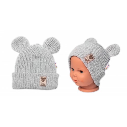 Pletená bavlněná čiapka s uškami, dvojvrstvová, Hand Made Baby Nellys, šedá,veľ. 80/86