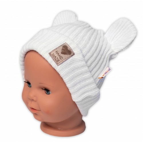 Pletená bavlněná čiapka s uškami, dvojvrstvová, Hand Made Baby Nellys, biela