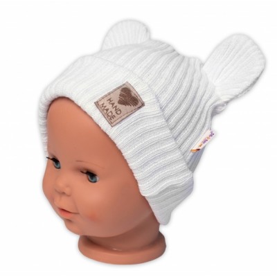 Pletená bavlněná čiapka s uškami, dvojvrstvová, Hand Made Baby Nellys, biela, veľ. 68/74