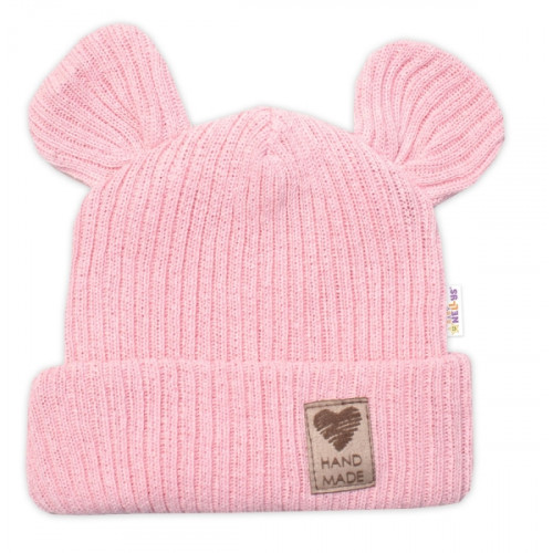Pletená bavlněná čiapka s uškami, dvojvrstvová, Hand Made Baby Nellys, ružová