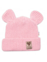 Pletená bavlněná čiapka s uškami, dvojvrstvová, Hand Made Baby Nellys, ružová, veľ. 68/74
