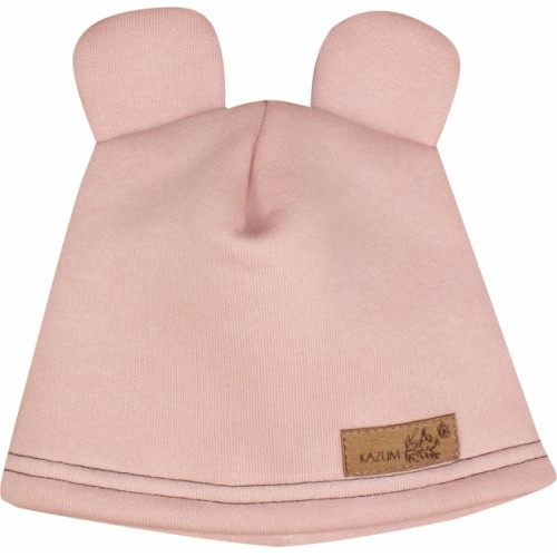 Teplá detská čiapka Kazum, bavlnená s uškami, pudrová, veľ. 68/74