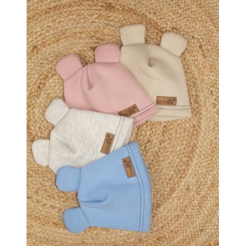 Teplá detská čiapka Kazum, bavlnená s uškami, pudrová, veľ. 68/74